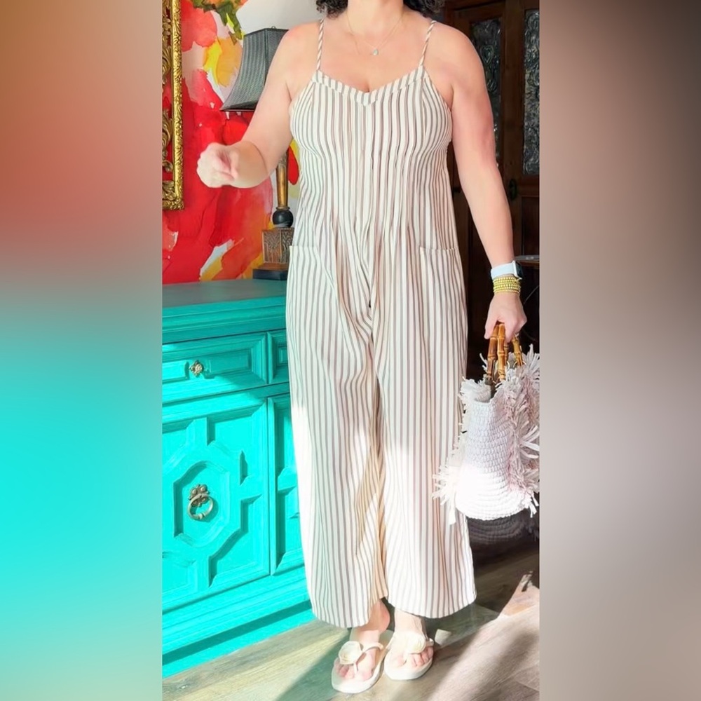 Cupshe Cream & Brown Striped Wide-Leg Jumpsuit